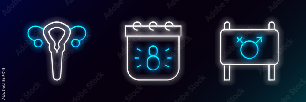 Set line Feminist activist, Female reproductive system and Calendar with 8 March icon. Glowing neon. Vector Set line Feminist activist, Female reproductive system and Calendar with 8 March icon. Glowing neon. Vector