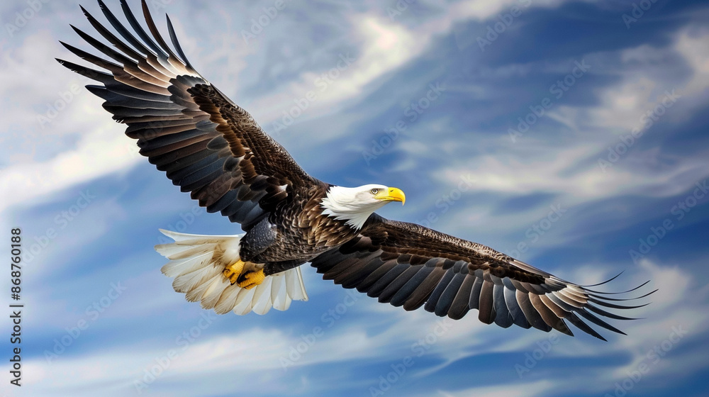 Powerful Bald Eagle in Flight with Blue Sky Background Powerful Bald Eagle in Flight with Blue Sky Background
