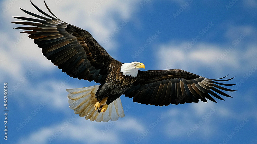 Powerful Bald Eagle in Flight with Blue Sky Background Powerful Bald Eagle in Flight with Blue Sky Background