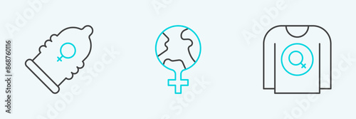 Set line Feminist shirt, Condom and Feminism the world icon. Vector