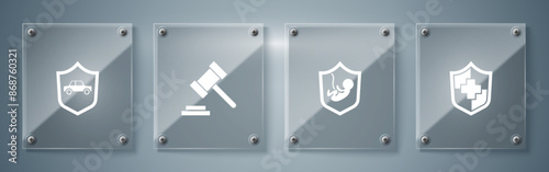 Set Life insurance with shield, , Judge gavel and Car. Square glass panels. Vector