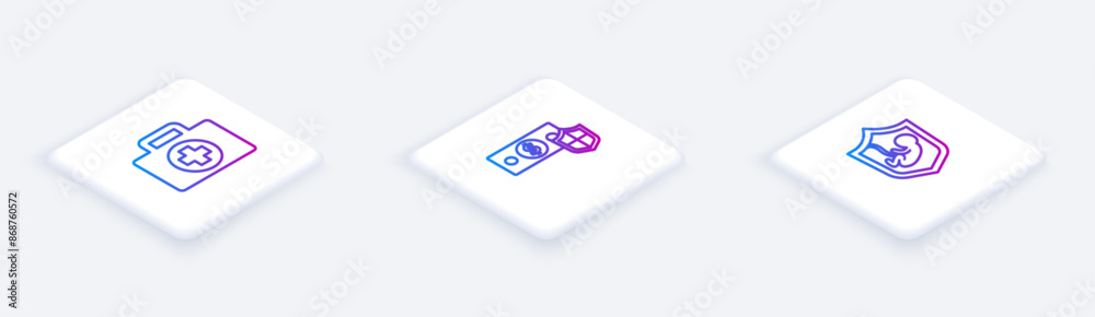 Set Isometric line First aid kit, Money with shield and Life insurance. White square button. Vector Set Isometric line First aid kit, Money with shield and Life insurance. White square button. Vector