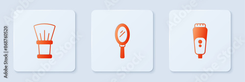 Set Hand mirror, Shaving brush and Electric razor blade. White square button. Vector