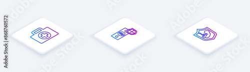 Set Isometric line First aid kit, Money with shield and Life insurance. White square button. Vector © Oksana