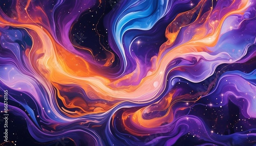 vibrant abstract fluid art with swirling galaxy patterns in purple blue and orange hues ideal for backgrounds design projects and modern art prints