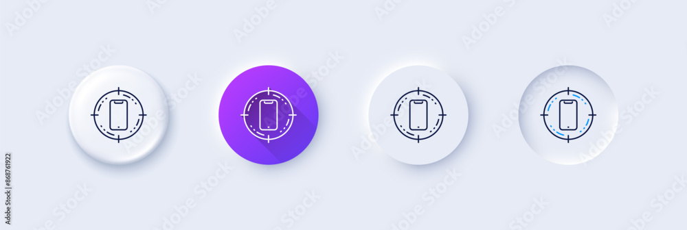 Smartphone target line icon. Neumorphic, Purple gradient, 3d pin buttons. Phone sign. Mobile device symbol. Line icons. Neumorphic buttons with outline signs. Vector Smartphone target line icon. Neumorphic, Purple gradient, 3d pin buttons. Phone sign. Mobile device symbol. Line icons. Neumorphic buttons with outline signs. Vector