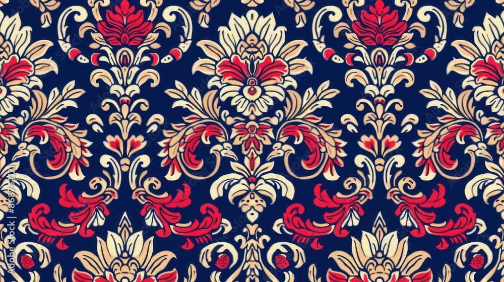Intricate navy blue pattern with red floral and paisley details. Intricate navy blue pattern with red floral and paisley details.