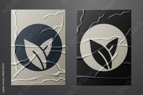 White Tea leaf icon isolated on crumpled paper background. Tea leaves. Paper art style. Vector
