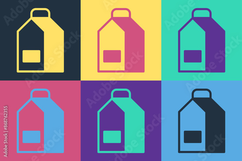 Pop art Paper package for milk icon isolated on color background. Milk packet sign. Vector
