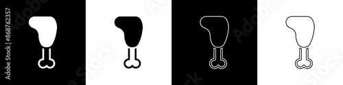 Set Chicken leg icon isolated on black and white background. Chicken drumstick. Vector