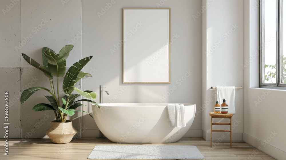 Fototapeta premium bathroom wall poster mockup. Interior mockup with house background. Modern interior design.
