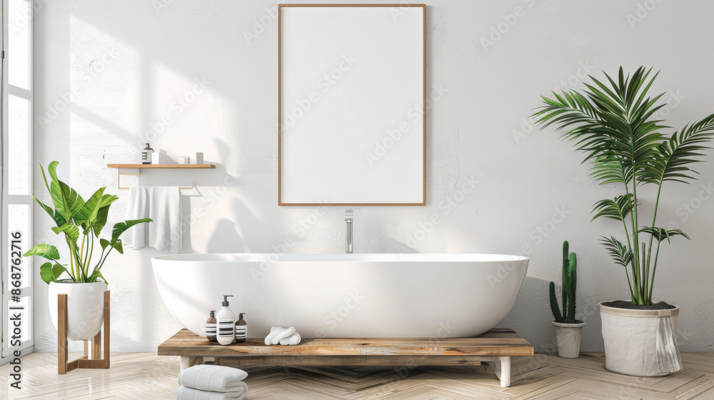 Fototapeta premium bathroom wall poster mockup. Interior mockup with house background. Modern interior design. 