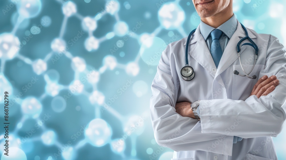 Doctor in white coat and stethoscope with molecular background. Doctor in white coat and stethoscope with molecular background.