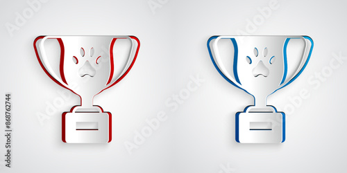 Paper cut Pet award symbol icon isolated on grey background. Medal with dog footprint as pets exhibition winner concept. Paper art style. Vector