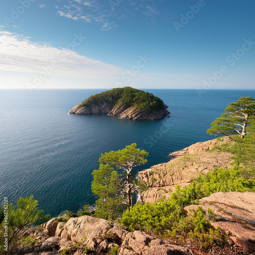 A coastal view from a clifftop of a small forest island, dense with trees, in the middle of the ocean on a sunny day