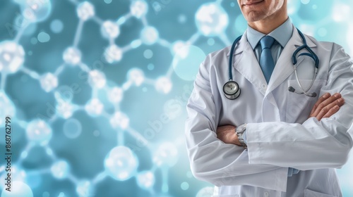 Doctor in white coat and stethoscope with molecular background.