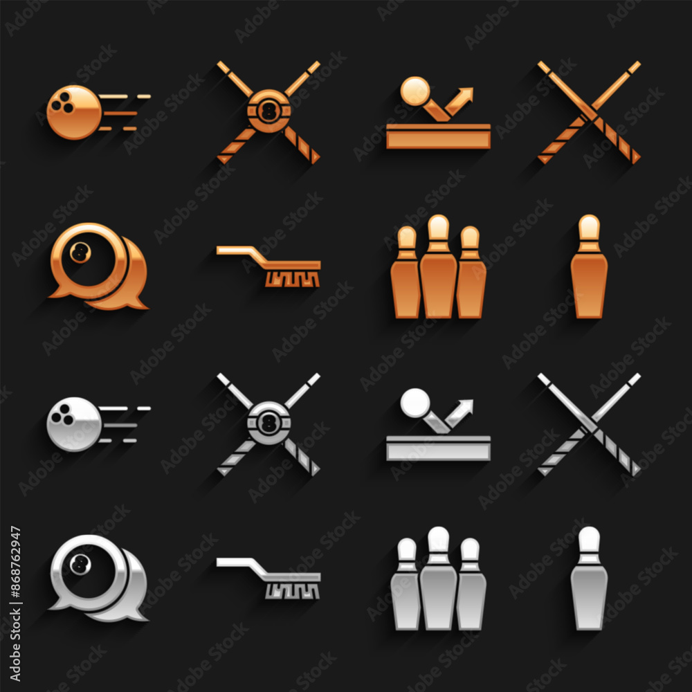 Set Pool table brush, Crossed billiard cues, Bowling pin, Billiard ball, and and icon. Vector Set Pool table brush, Crossed billiard cues, Bowling pin, Billiard ball, and and icon. Vector