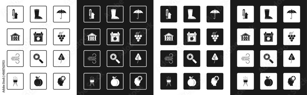 Set Umbrella, Calendar with autumn leaves, Farm house, Meteorology thermometer, Grape fruit, Waterproof rubber boot, Leaf and Wind icon. Vector Set Umbrella, Calendar with autumn leaves, Farm house, Meteorology thermometer, Grape fruit, Waterproof rubber boot, Leaf and Wind icon. Vector