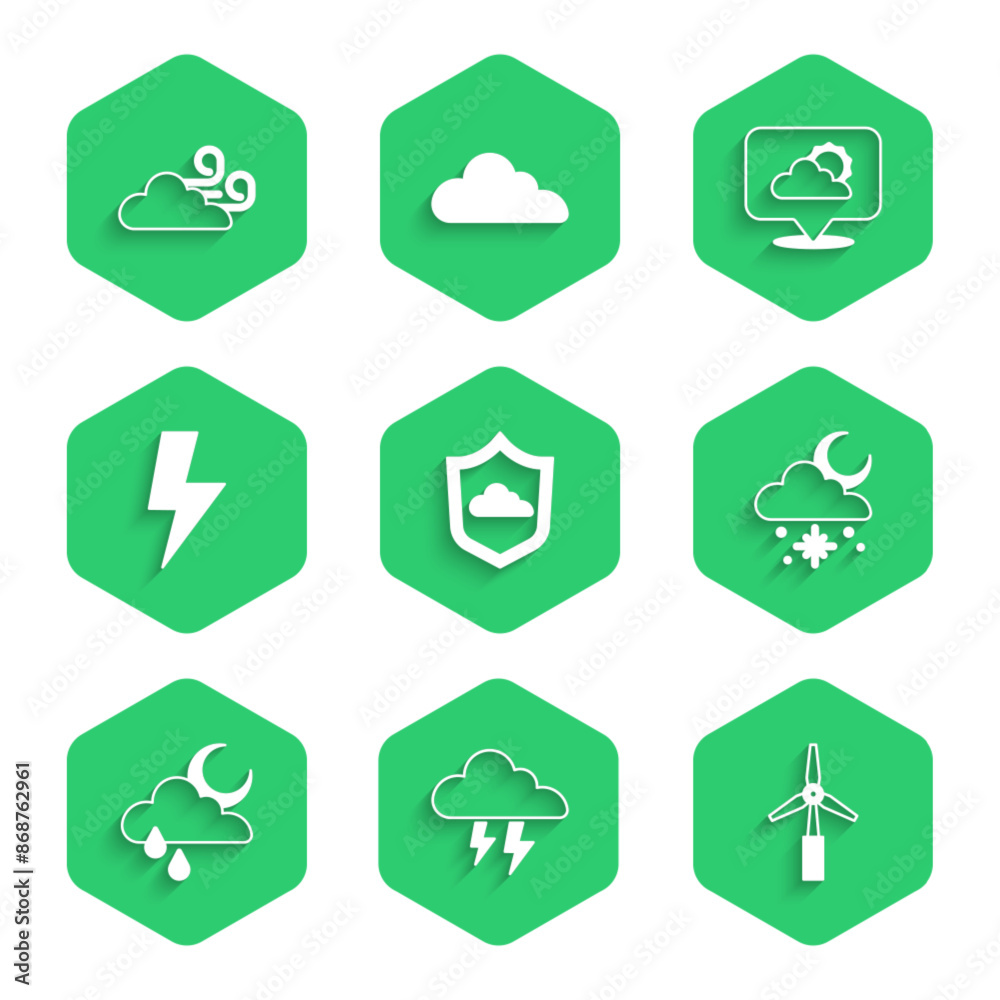 Set Weather forecast, Storm, Wind turbine, Cloud with snow and sun, rain moon, Lightning bolt, Location cloud and Windy weather icon. Vector Set Weather forecast, Storm, Wind turbine, Cloud with snow and sun, rain moon, Lightning bolt, Location cloud and Windy weather icon. Vector