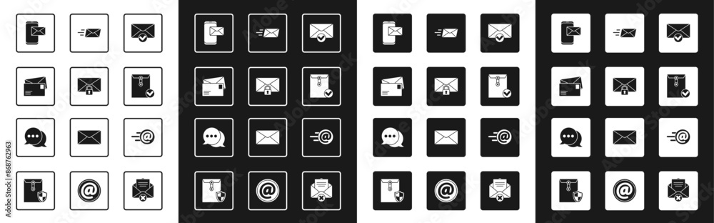 Set Envelope and check mark, Mail message lock password, Mobile envelope, Express, e-mail and Speech bubble chat icon. Vector Set Envelope and check mark, Mail message lock password, Mobile envelope, Express, e-mail and Speech bubble chat icon. Vector