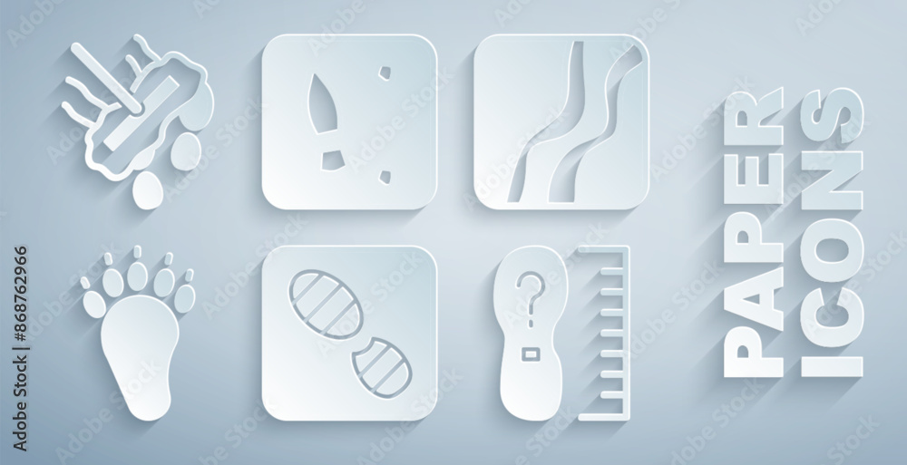 Set Human footprints shoes, Snake paw, Bear, Square measure size, and Mop icon. Vector Set Human footprints shoes, Snake paw, Bear, Square measure size, and Mop icon. Vector
