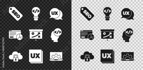 Set SEO optimization, Front end development, UI or UX design, Cloud computing lock, Web, Website statistic and Planning strategy concept icon. Vector