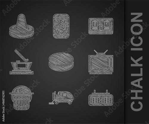 Set Hockey puck, Ice resurfacer, mechanical scoreboard, Retro tv, helmet, hockey cup champion, and Mallet for playing air icon. Vector