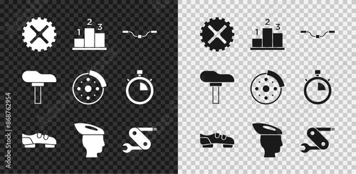 Set Bicycle sprocket crank, Award over sports winner podium, handlebar, shoes, helmet, Swiss army knife, seat and brake disc icon. Vector