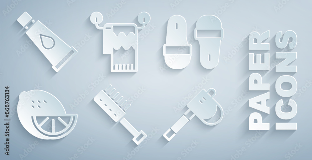 Set Sauna brush, slippers, Lemon, Wooden axe, Towel hanger and Cream or lotion cosmetic tube icon. Vector Set Sauna brush, slippers, Lemon, Wooden axe, Towel hanger and Cream or lotion cosmetic tube icon. Vector