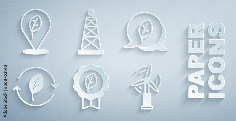 Set Leaf Eco symbol, Recycle with leaf, Wind turbine, Oil rig and Location icon. Vector Set Leaf Eco symbol, Recycle with leaf, Wind turbine, Oil rig and Location icon. Vector