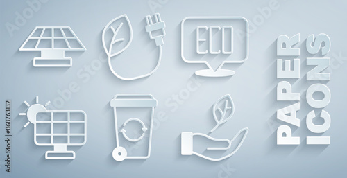 Set Recycle bin, Leaf Eco symbol, Solar energy panel, hand, Electric saving plug leaf and icon. Vector
