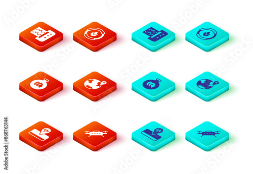 Set Earthquake, Drone, Exhibition with minerals, rocks, Location the globe, Soil analysis and Seismograph icon. Vector