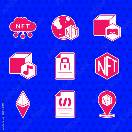 Set Document and lock, Binary code, NFT Digital crypto art, Ethereum ETH, and cloud icon. Vector