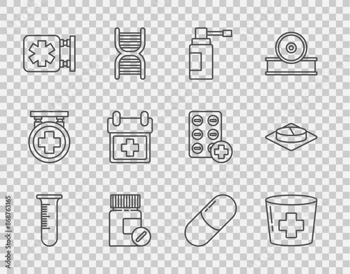 Set line Test tube and flask, Nurse hat with cross, Medical bottle nozzle spray, Medicine pills, symbol of the Emergency, Doctor appointment, tablet and icon. Vector