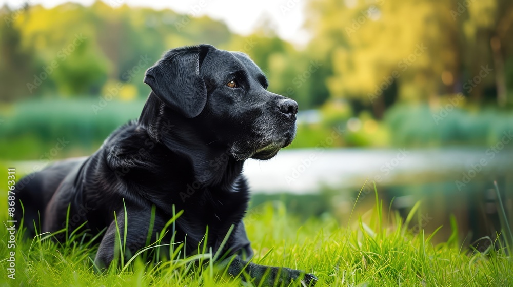 Tranquil Scene: Labrador on Green Grass Near Pond Tranquil Scene: Labrador on Green Grass Near Pond