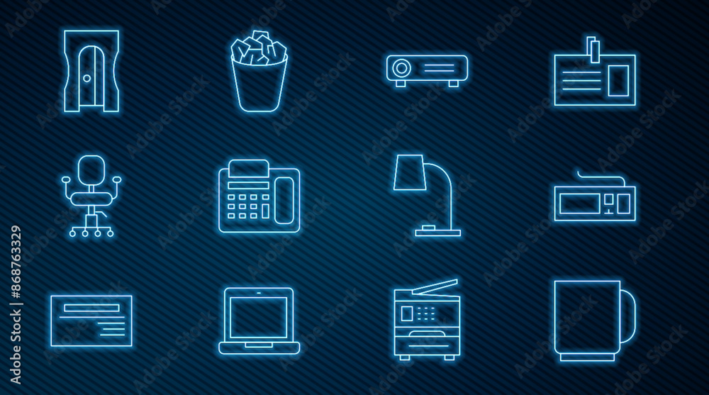 Set line Coffee cup, Keyboard, Movie, film, media projector, Telephone, Office chair, Pencil sharpener, Table lamp and Full trash can icon. Vector Set line Coffee cup, Keyboard, Movie, film, media projector, Telephone, Office chair, Pencil sharpener, Table lamp and Full trash can icon. Vector