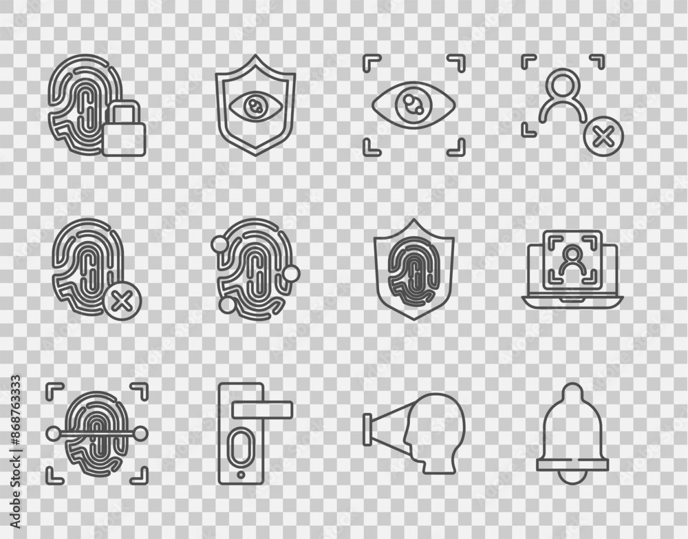 Set line Fingerprint, Motion sensor, Eye scan, door lock, with, Face recognition and Laptop face icon. Vector Set line Fingerprint, Motion sensor, Eye scan, door lock, with, Face recognition and Laptop face icon. Vector