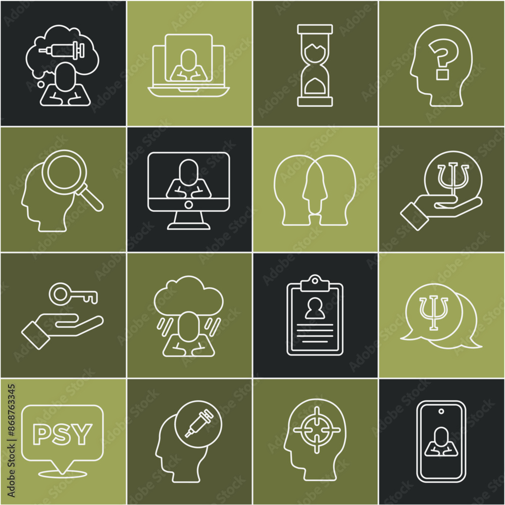 Set line Psychologist online, Psychology, Psi, Old hourglass, Finding problem, Addiction to the drug and Bipolar disorder icon. Vector Set line Psychologist online, Psychology, Psi, Old hourglass, Finding problem, Addiction to the drug and Bipolar disorder icon. Vector
