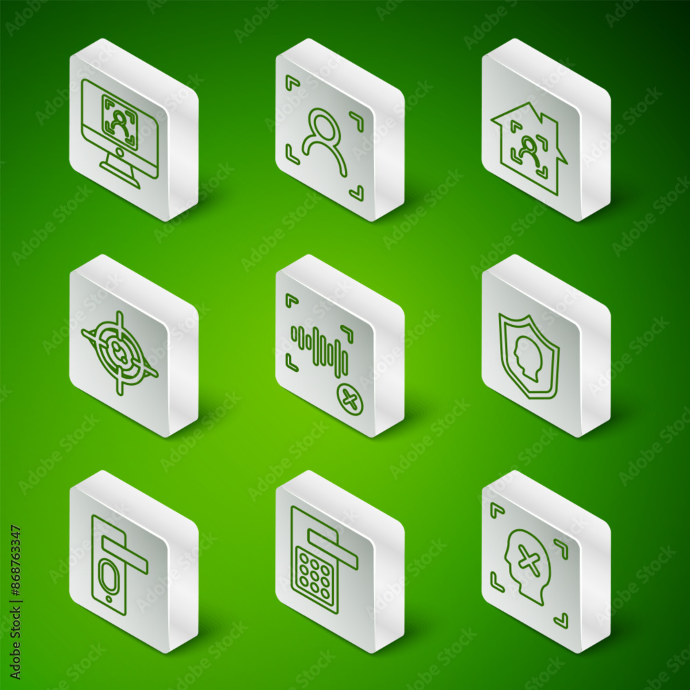 Set line Rejection face recognition, Digital door lock, Face, voice, Eye scan, Fingerprint and User protection icon. Vector Set line Rejection face recognition, Digital door lock, Face, voice, Eye scan, Fingerprint and User protection icon. Vector