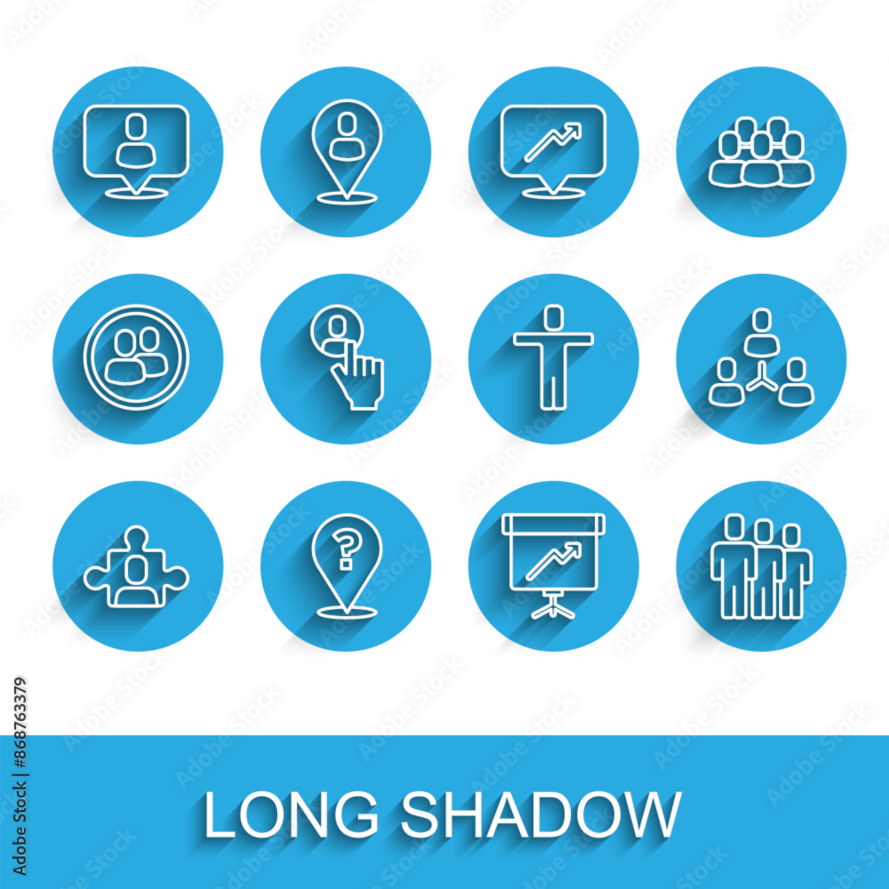 Set line Project team base, Question mark, Head hunting, Chalkboard with diagram, Users group, and icon. Vector Set line Project team base, Question mark, Head hunting, Chalkboard with diagram, Users group, and icon. Vector