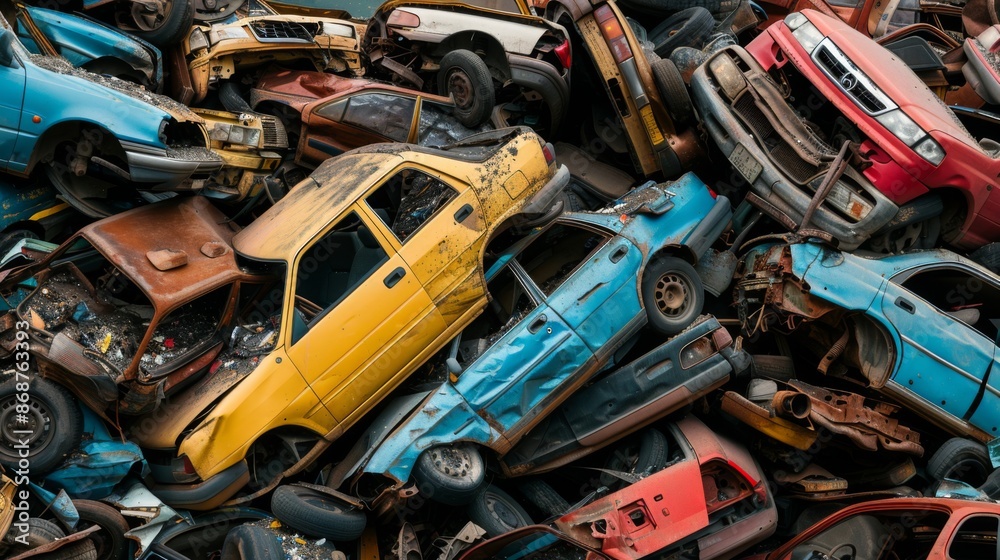 Pile of scrap waste of cars for recycling. Smashed destroyed car wrecks on car junkyard Pile of scrap waste of cars for recycling. Smashed destroyed car wrecks on car junkyard