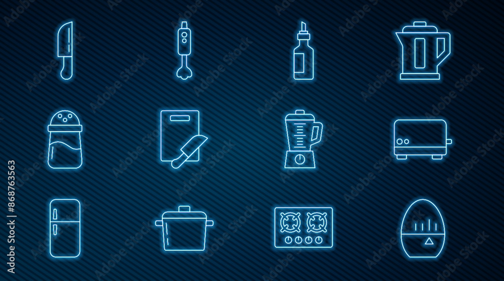 Set line Kitchen timer, Toaster, Bottle of olive oil, Cutting board and knife, Salt, Knife, Blender and icon. Vector Set line Kitchen timer, Toaster, Bottle of olive oil, Cutting board and knife, Salt, Knife, Blender and icon. Vector