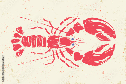 Vintage illustration of red lobster in block print style. Retro illustration of lobster for seafood shop.