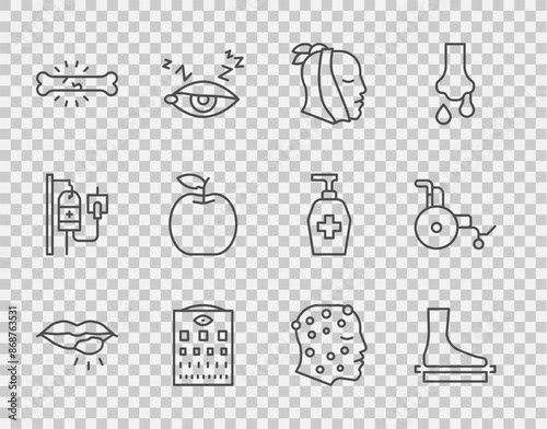 Set line Herpes lip, Flat foot, Toothache, Eye test chart, Bone pain, Apple, Psoriasis or eczema rash and Wheelchair icon. Vector