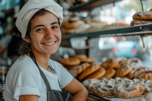 Smiling Female Baker in a Sunlit Bakery