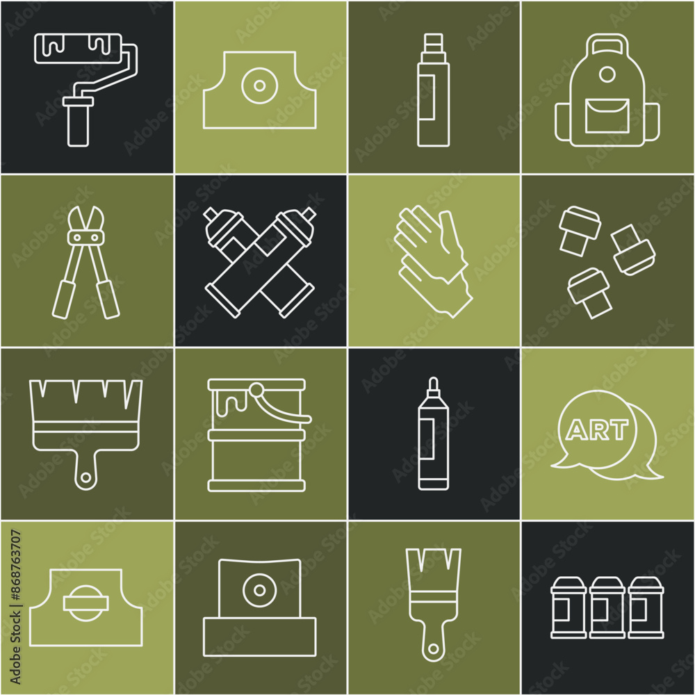 Set line Paint spray can, Speech bubble with text art, Marker pen attachment, Bolt cutter, roller brush and Rubber gloves icon. Vector Set line Paint spray can, Speech bubble with text art, Marker pen attachment, Bolt cutter, roller brush and Rubber gloves icon. Vector