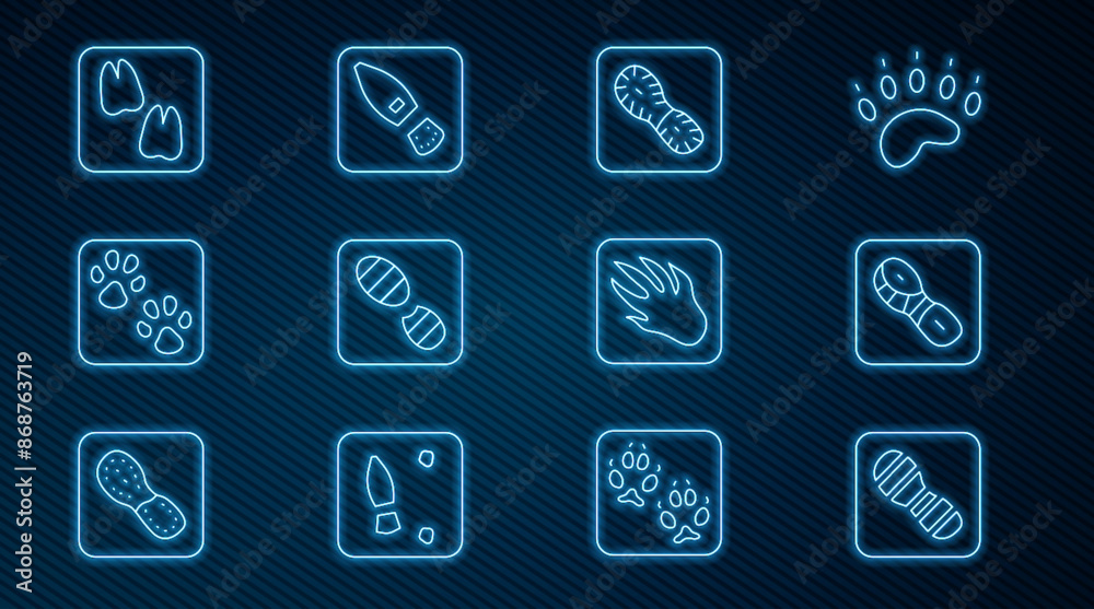 Set line Human footprints shoes, Paw, Camel paw, Alligator crocodile and icon. Vector Set line Human footprints shoes, Paw, Camel paw, Alligator crocodile and icon. Vector