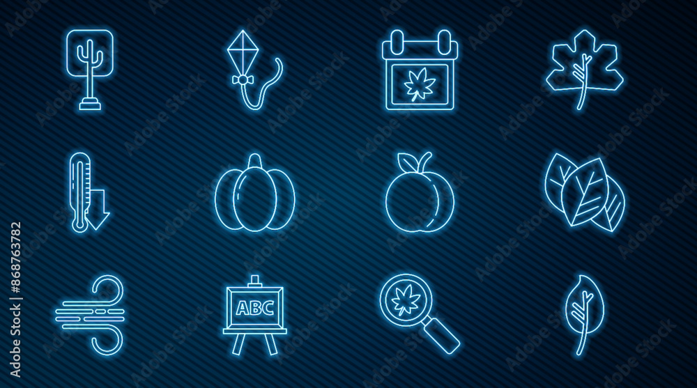 Set line Leaf or leaves, Calendar with autumn, Pumpkin, Meteorology thermometer, Tree, Peach fruit and Kite icon. Vector Set line Leaf or leaves, Calendar with autumn, Pumpkin, Meteorology thermometer, Tree, Peach fruit and Kite icon. Vector
