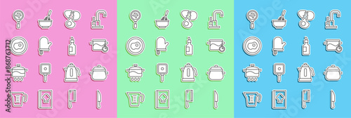 Set line Knife, Cooking pot, Broken egg, Oven glove, Scrambled eggs, Frying pan and Bottle of olive oil icon. Vector
