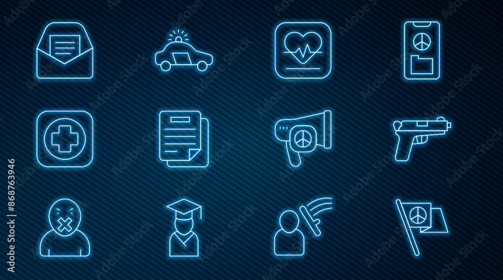 Set line Peace, Pistol or gun, Heart rate, Document, Hospital signboard, Mail and e-mail, and Police car flasher icon. Vector Set line Peace, Pistol or gun, Heart rate, Document, Hospital signboard, Mail and e-mail, and Police car flasher icon. Vector